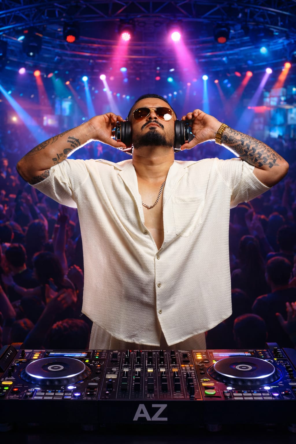 Concert stage illuminated by electric yellow laser lights