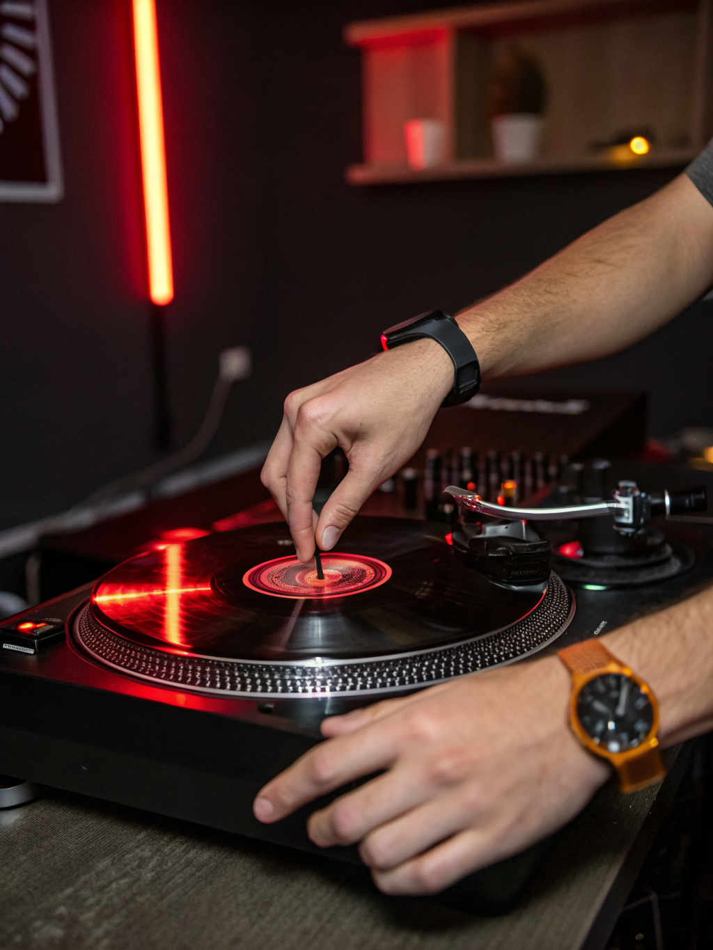 Close up of DJ hands mixing on CDJ 3000 with vibrant lighting